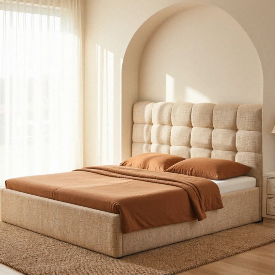 Discount Drawer ACARA Lit coffre matelassé en tissu 140x190cm