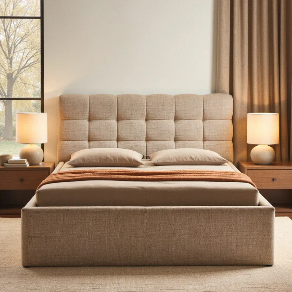 Discount Drawer ACARA Lit coffre matelassé en tissu 140x190cm