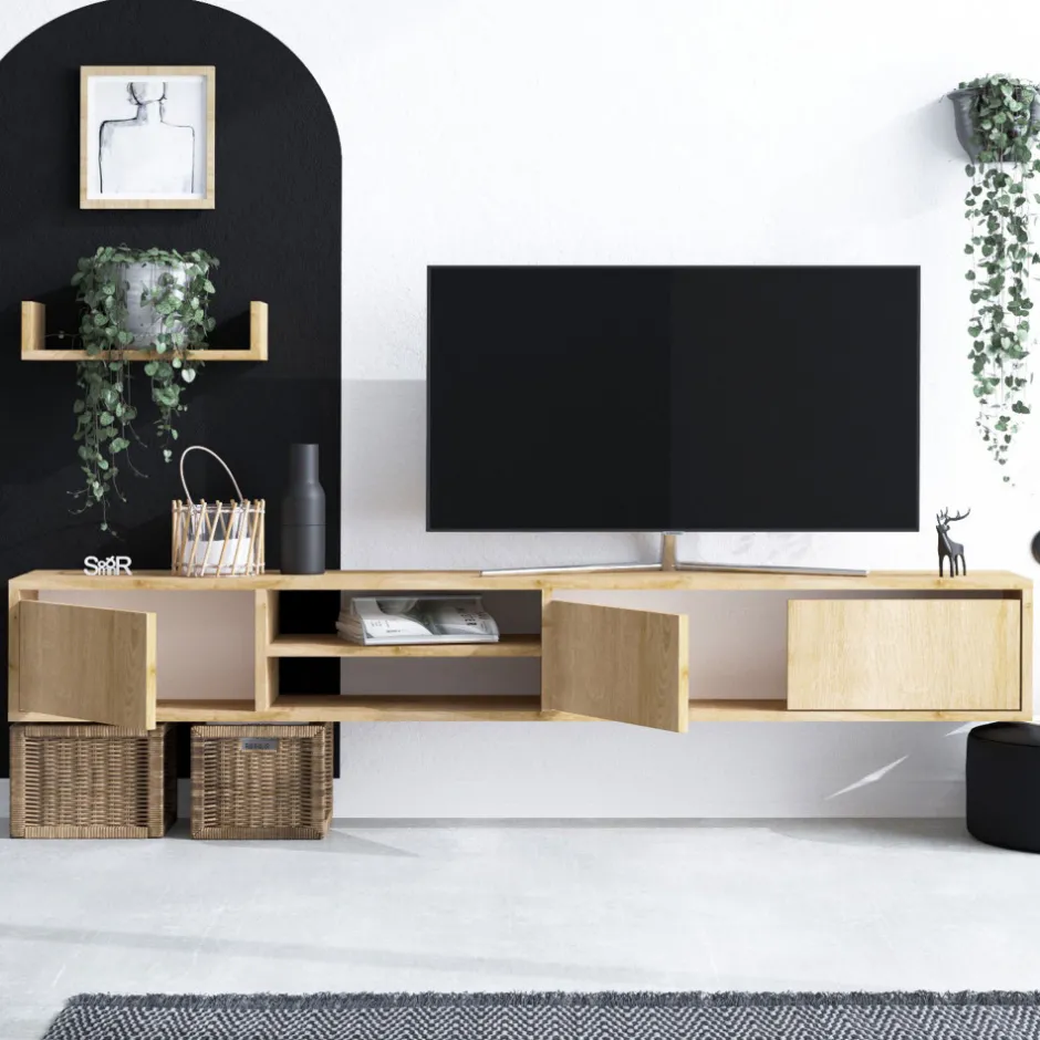 Discount Drawer AIRO Meuble TV suspendu 3 portes en bois L180cm
