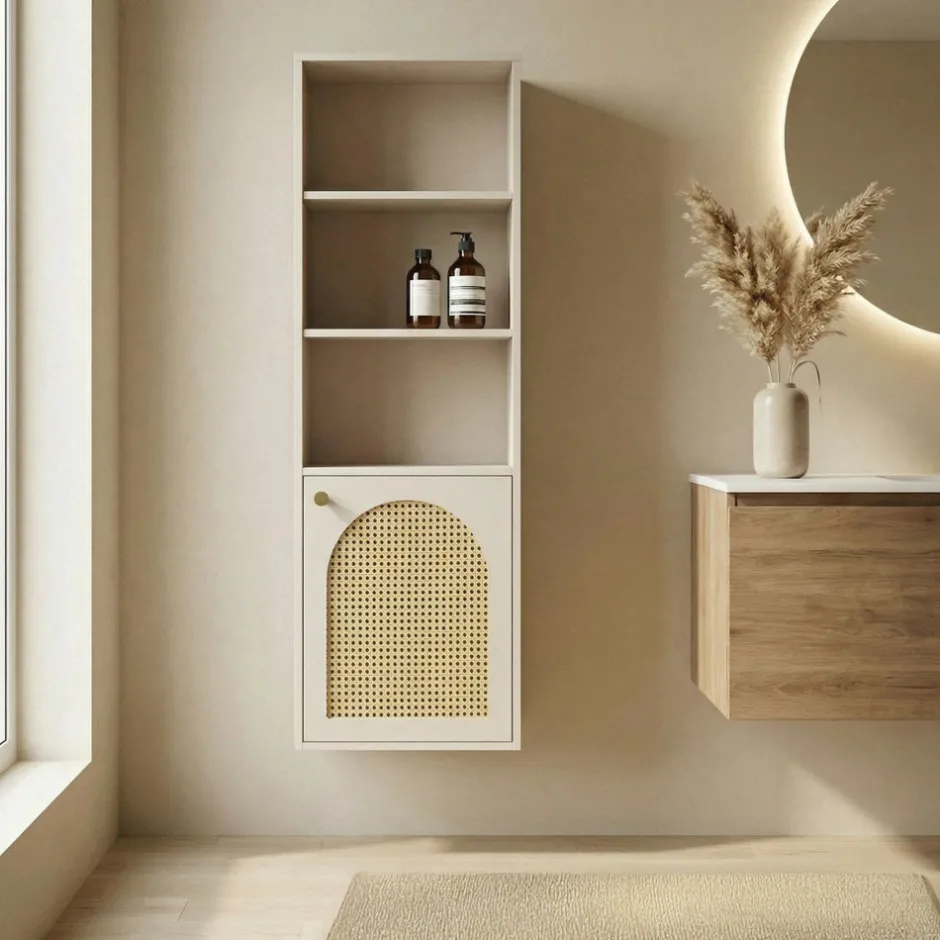 New Drawer ALI Colonne de rangement suspendue en bois et cannage H135cm