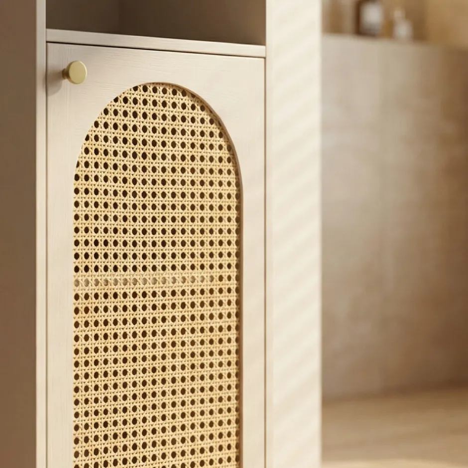 New Drawer ALI Colonne de rangement suspendue en bois et cannage H135cm