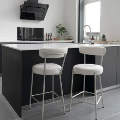 Clearance Drawer BADALONA Tabouret de bar en tissu bouclette pieds beiges H65cm