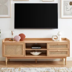 Clearance No name BOMBONG Meuble TV 1 porte 2 tiroirs en bois et cannage L160cm