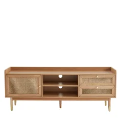 Clearance No name BOMBONG Meuble TV 1 porte 2 tiroirs en bois et cannage L160cm