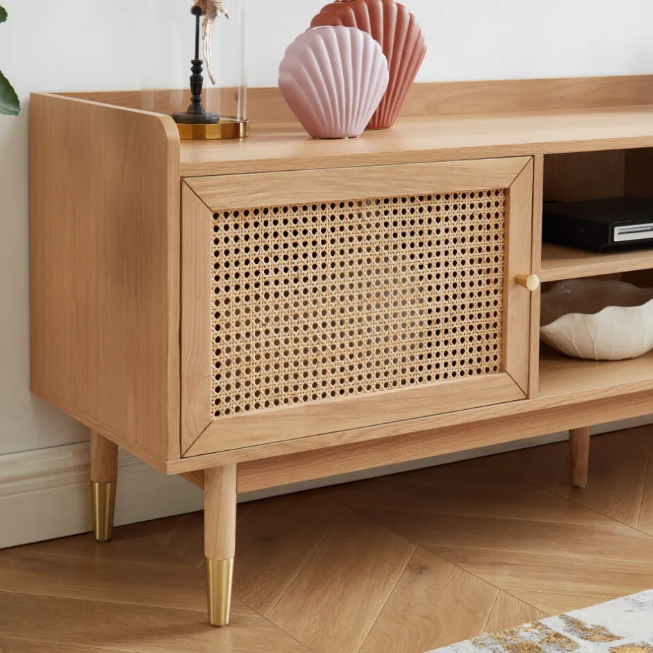 Clearance No name BOMBONG Meuble TV 1 porte 2 tiroirs en bois et cannage L160cm