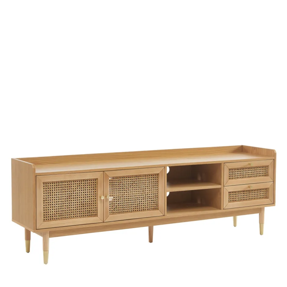 New No name BOMBONG Meuble TV 2 portes 2 tiroirs en bois et cannage 180 cm