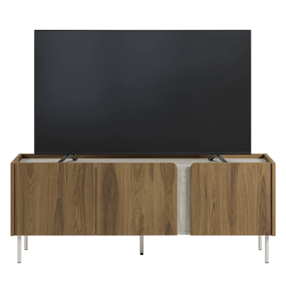 Drawer BOXY Meuble TV 3 portes en bois et effet travertin L140cm