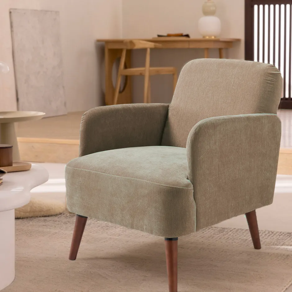 Hot Drawer BROOKS Fauteuil rétro en tissu chenille pieds bois foncé