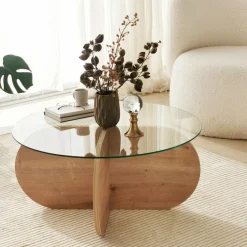 Online Drawer BULLY Table basse ronde en verre trempé et bois ø75cm