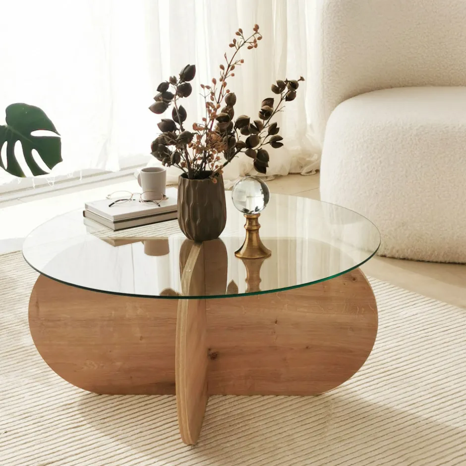 Online Drawer BULLY Table basse ronde en verre trempé et bois ø75cm