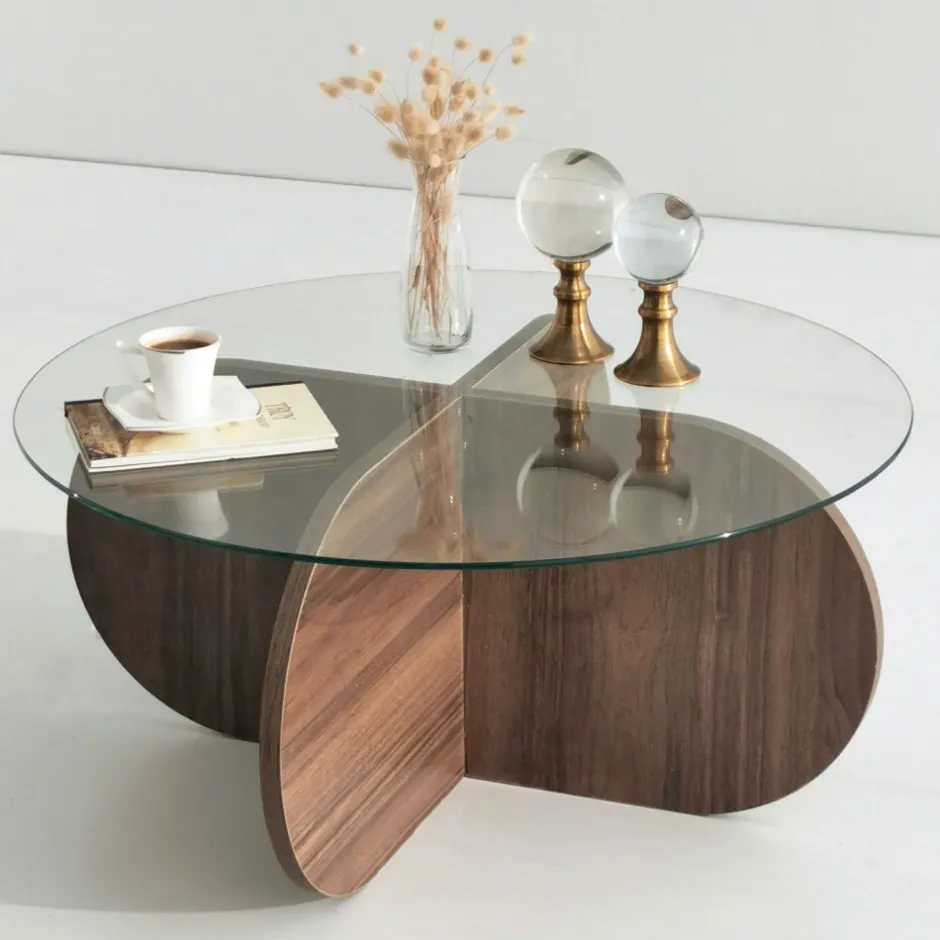 Online Drawer BULLY Table basse ronde en verre trempé et bois ø75cm