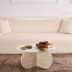 Best Drawer BULLY Table basse ronde en verre trempé et effet travertin ø75cm