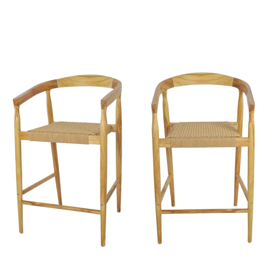 Outlet Drawer BURI Lot de 2 fauteuils de bar en teck et corde tressé H65cm