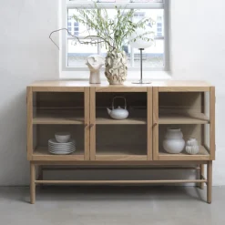 New No name CAHIR Buffet 3 portes en verre trempé et bois L132cm