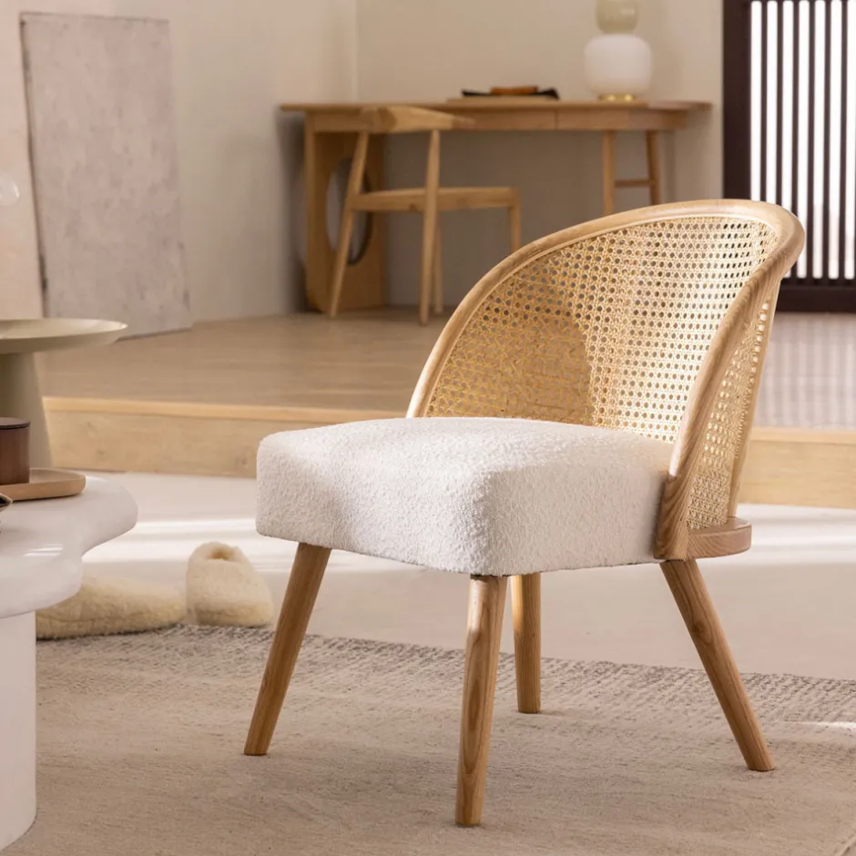 Hot Drawer CANDICE Fauteuil en tissu bouclette et rotin