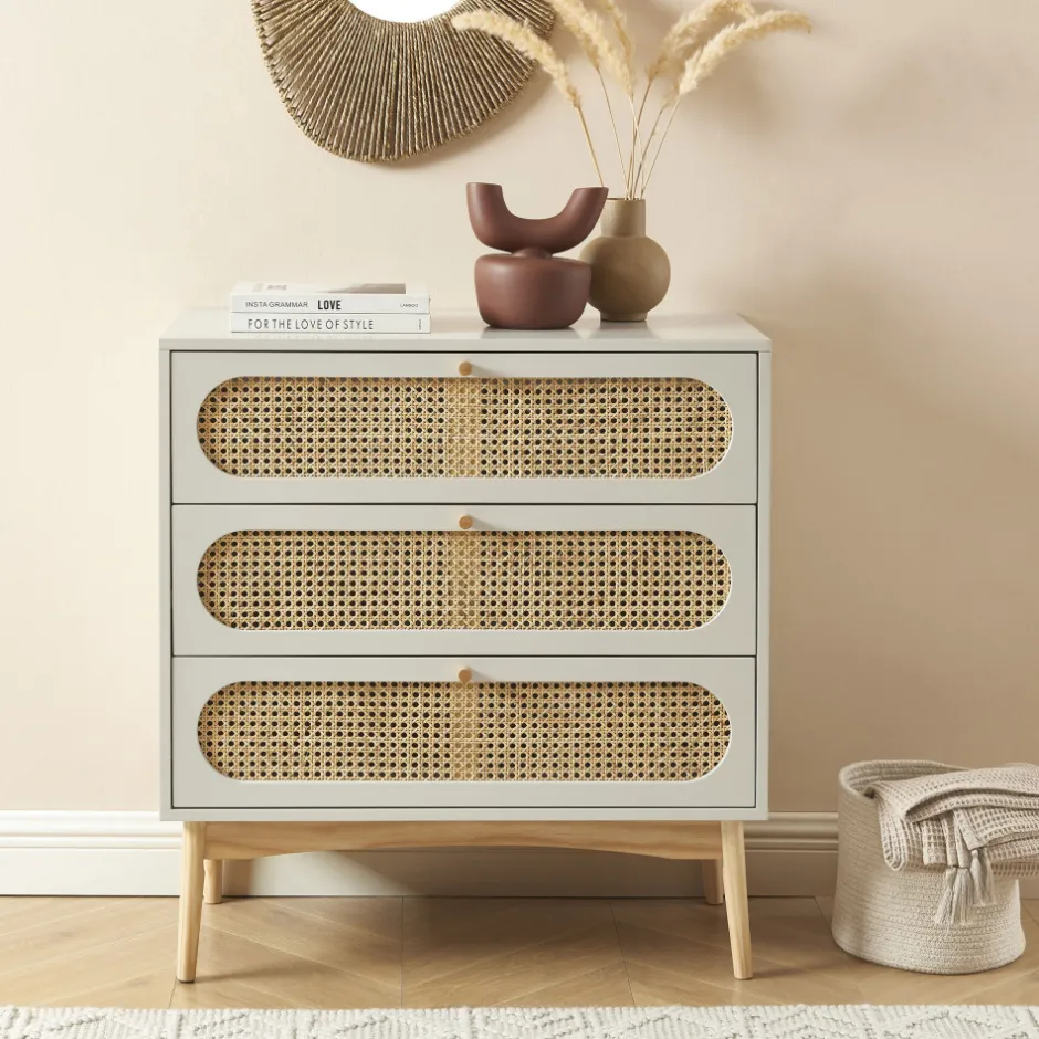 Hot No name CANNO Commode 3 tiroirs en bois et cannage L80cm
