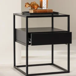 Online Venture Home FORTALEZA Table de chevet 1 tiroir en verre et métal