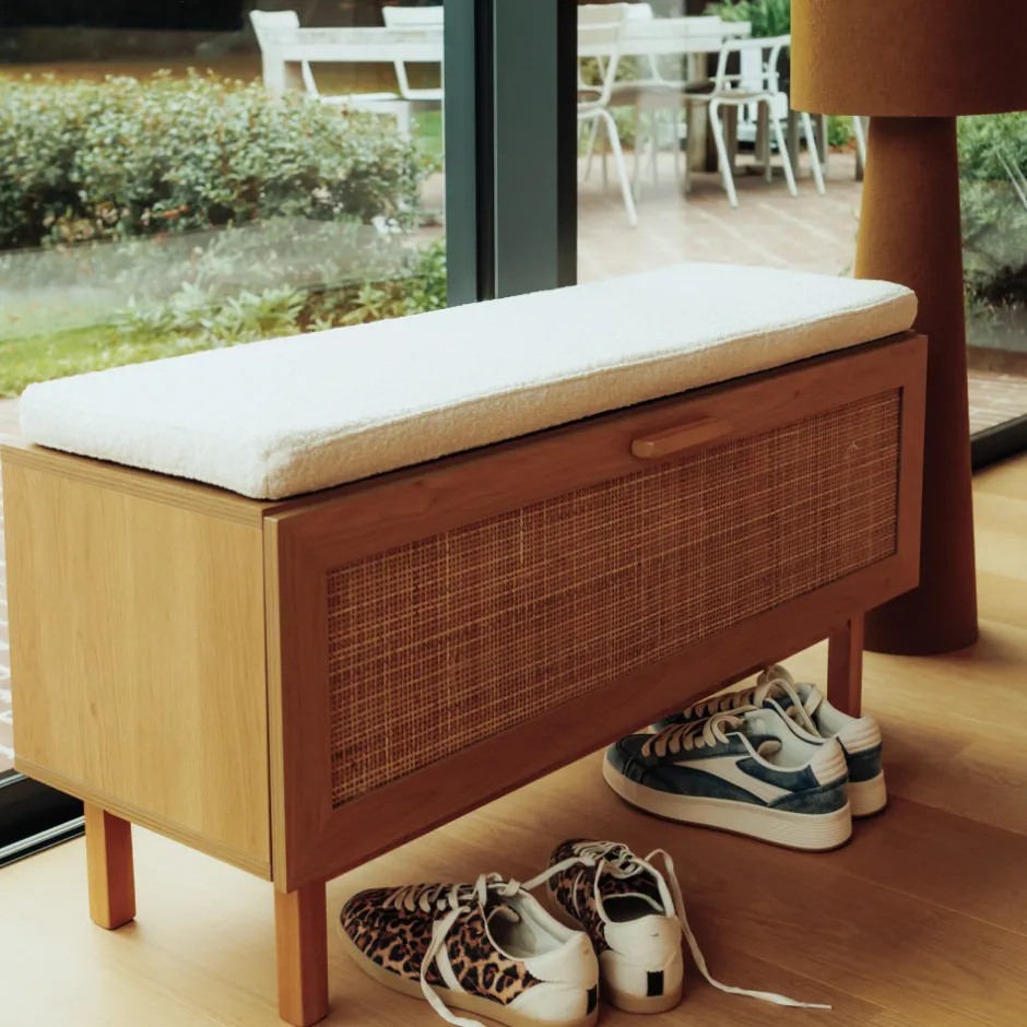 Discount Drawer JUNE Banc d'entrée avec rangement chaussures en bois et cannage L100cm