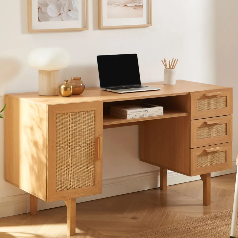 Sale Drawer JUNE Bureau 1 porte 3 tiroirs en bois et cannage L135cm