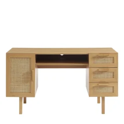 Sale Drawer JUNE Bureau 1 porte 3 tiroirs en bois et cannage L135cm