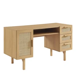 Sale Drawer JUNE Bureau 1 porte 3 tiroirs en bois et cannage L135cm