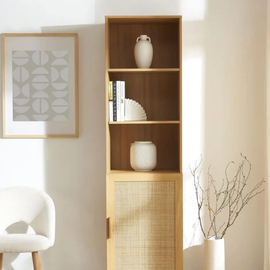 Hot Drawer JUNE Colonne de rangement en bois et cannage H190cm