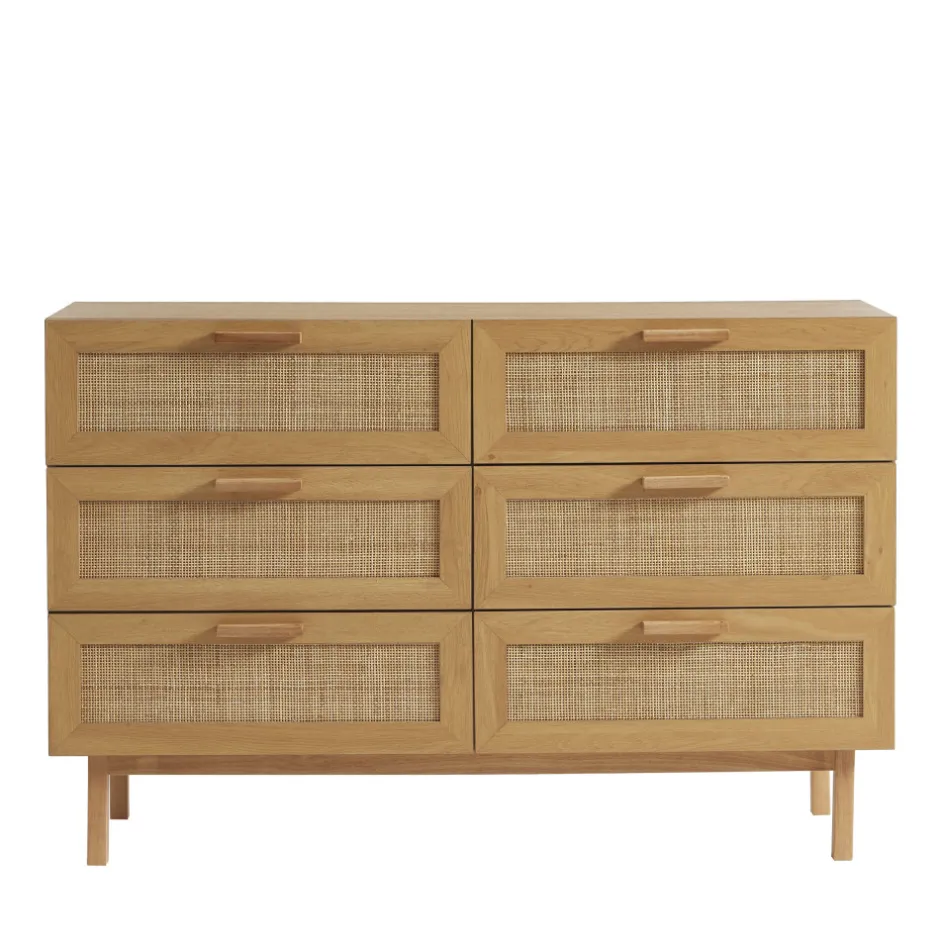 Discount Drawer JUNE Commode 6 tiroirs en bois et cannage L130cm