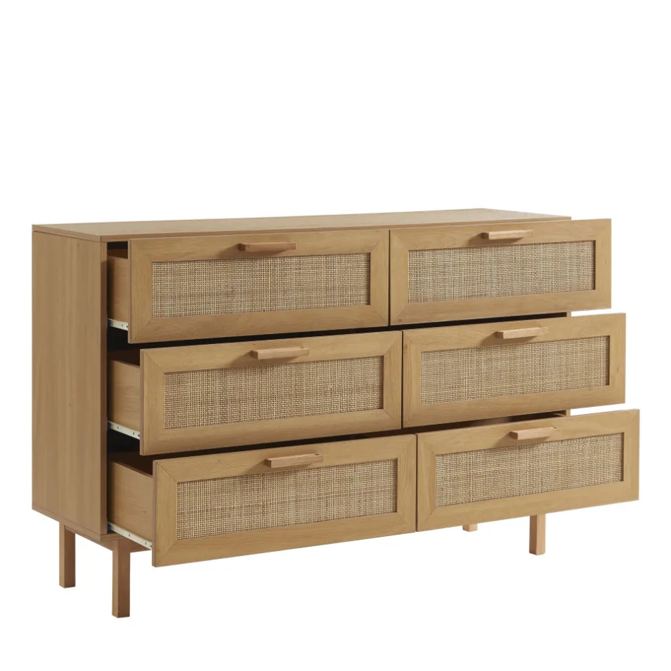 Discount Drawer JUNE Commode 6 tiroirs en bois et cannage L130cm
