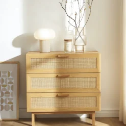 Sale Drawer JUNE Commode 3 tiroirs en bois et cannage L85cm