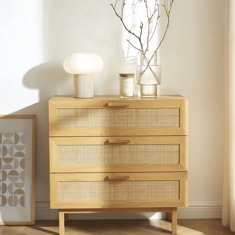 Sale Drawer JUNE Commode 3 tiroirs en bois et cannage L85cm