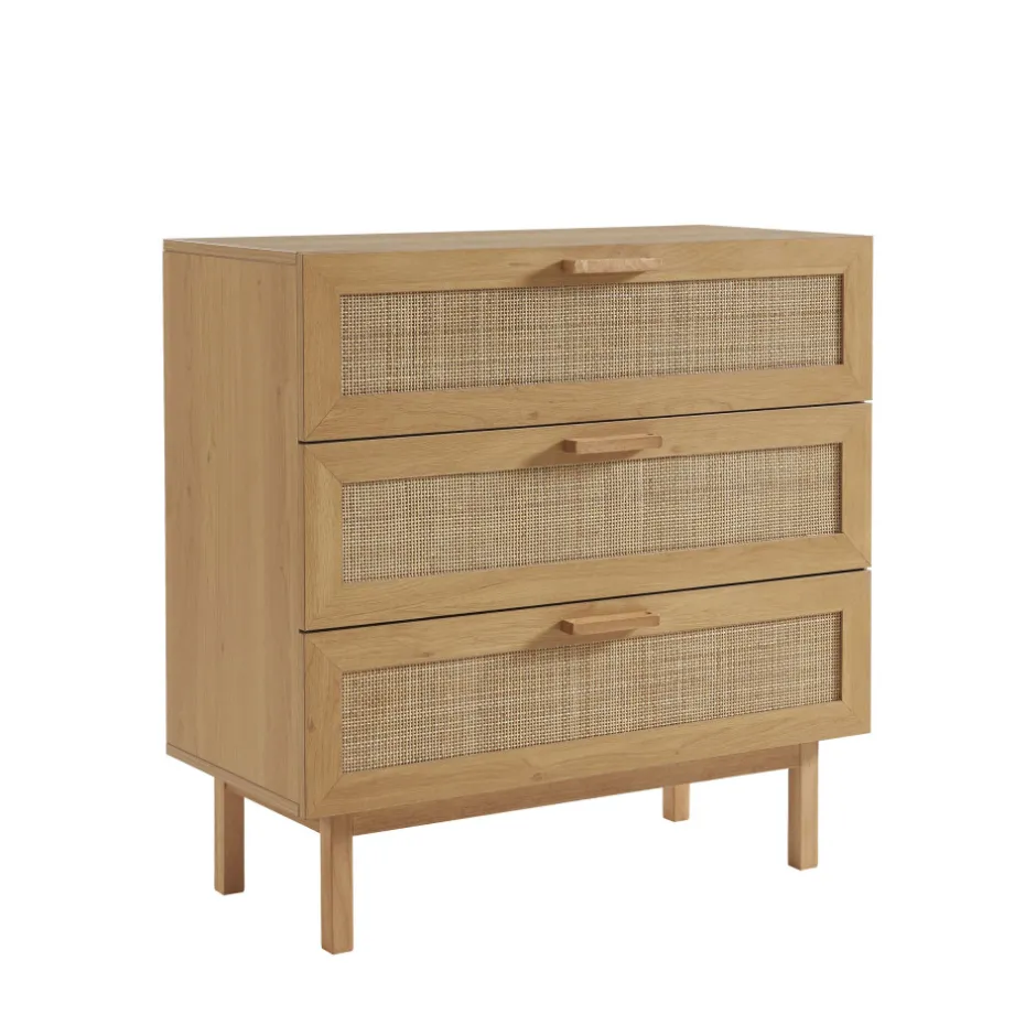 Sale Drawer JUNE Commode 3 tiroirs en bois et cannage L85cm