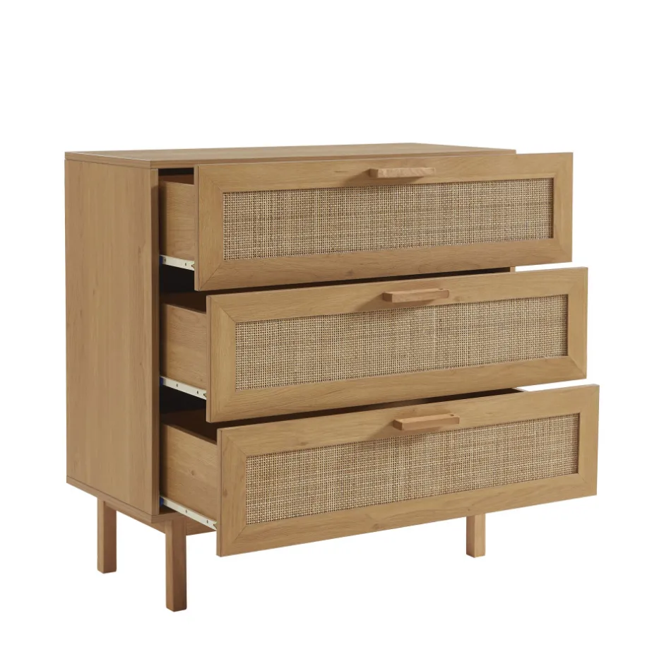 Sale Drawer JUNE Commode 3 tiroirs en bois et cannage L85cm
