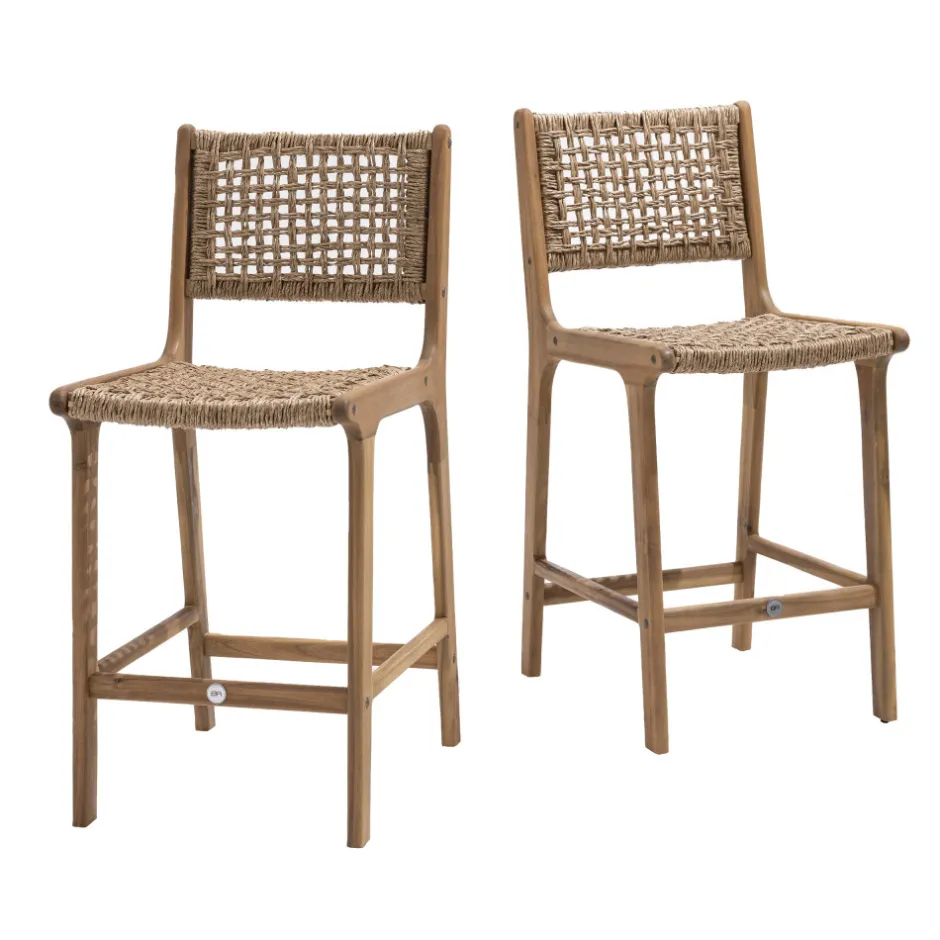 Clearance Drawer LEXIA Lot de 2 tabourets de bar intérieur/extérieur en bois d'acacia et résine tressée H76cm