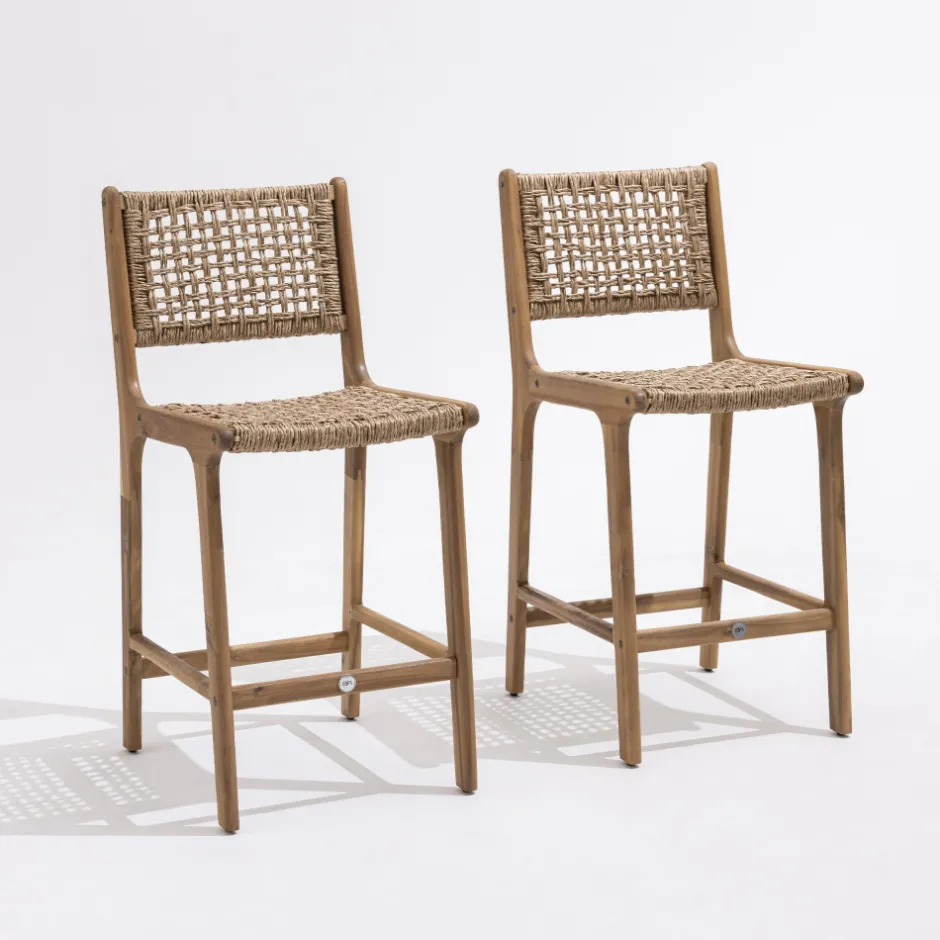 Clearance Drawer LEXIA Lot de 2 tabourets de bar intérieur/extérieur en bois d'acacia et résine tressée H76cm