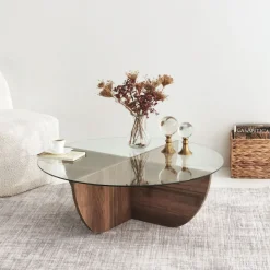 New Drawer LILA Table basse ronde en verre trempé et bois ø90cm