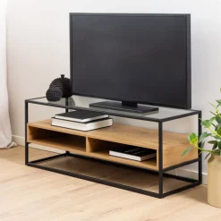 Clearance Drawer LUMA Meuble TV en verre, bois et métal L120cm