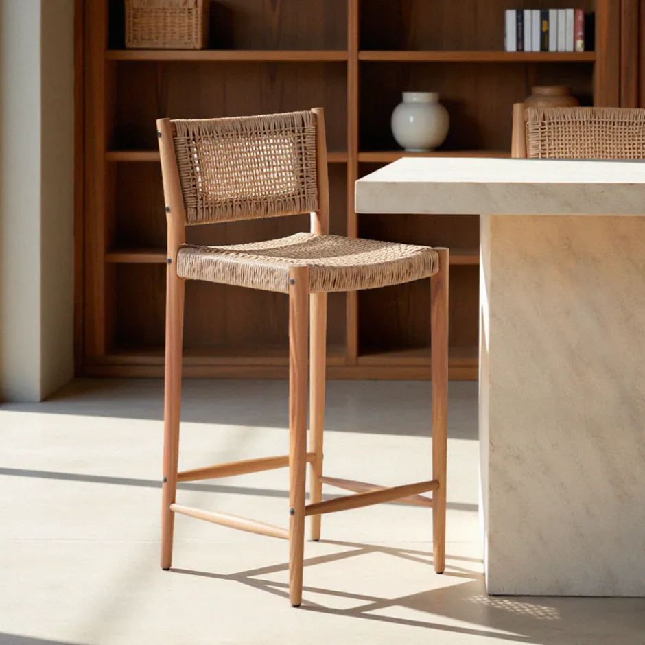 Best Drawer NURI Lot de 2 tabourets de bar intérieur/extérieur en bois d'acacia et résine tressée H66cm