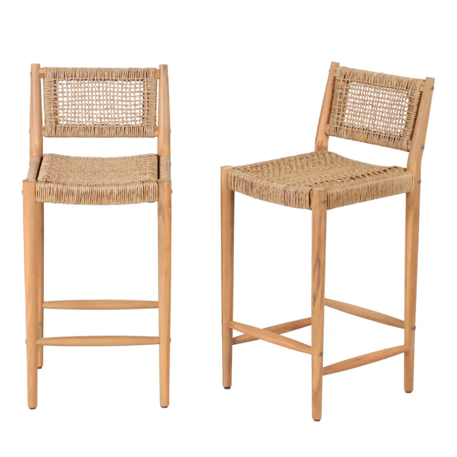 Best Drawer NURI Lot de 2 tabourets de bar intérieur/extérieur en bois d'acacia et résine tressée H66cm