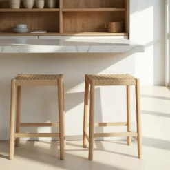 Outlet Drawer PAOLO Tabouret de bar en corde tressée et bois H65cm