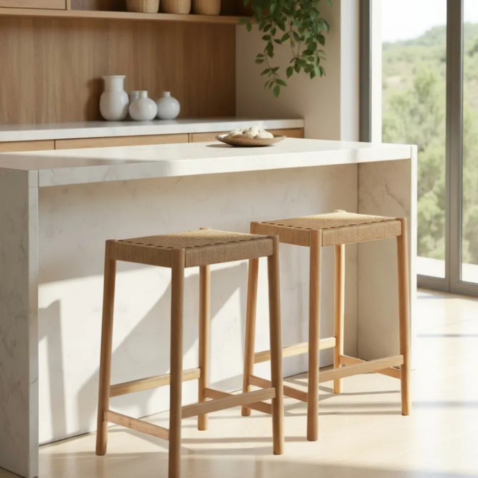 Outlet Drawer PAOLO Tabouret de bar en corde tressée et bois H65cm