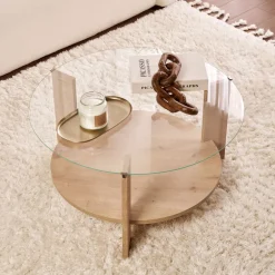 Discount Drawer RIA Table basse ronde en verre trempé et bois ø75cm