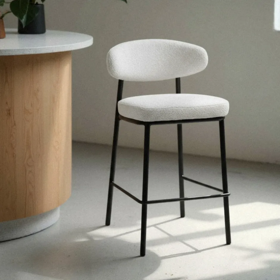 Online Drawer RODE Lot de 2 chaises de bar en tissu bouclette, bois et métal H65cm