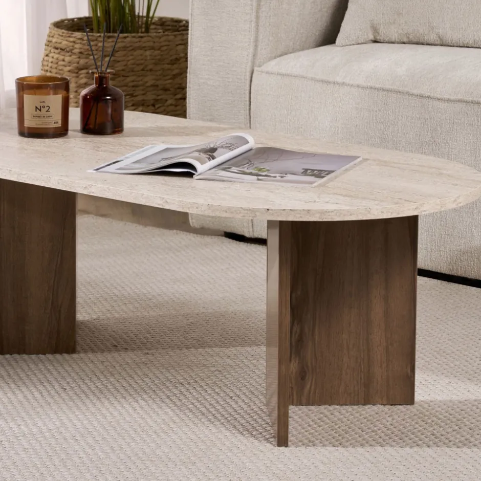 Hot Drawer SAM Table basse ovale en bois et effet travertin