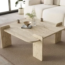Outlet Drawer SOLENI Table basse effet travertin 90x90cm