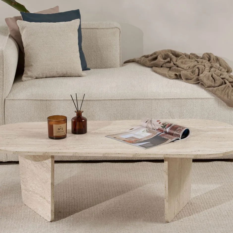 Clearance Drawer SOMA Table basse ovale effet travertin 130x65cm