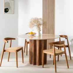 Discount Drawer SORONG Table à manger 4 personnes ronde en marbre et bois massif