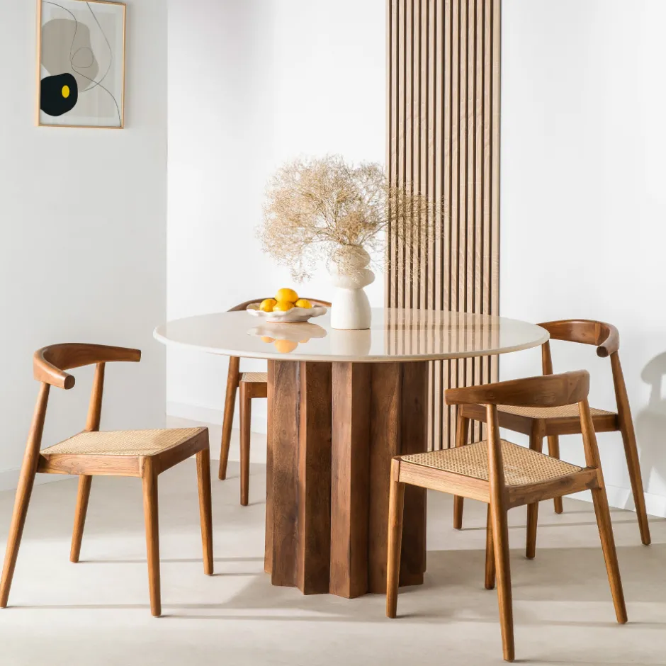 Discount Drawer SORONG Table à manger 4 personnes ronde en marbre et bois massif