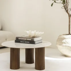 Outlet Drawer SULA Table basse en marbre et bois massif ø80cm
