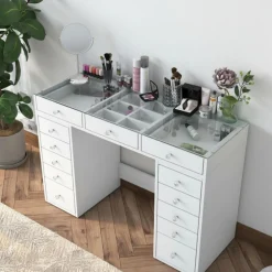 Sale Drawer TIYA Coiffeuse 13 tiroirs avec plateau en verre L120cm