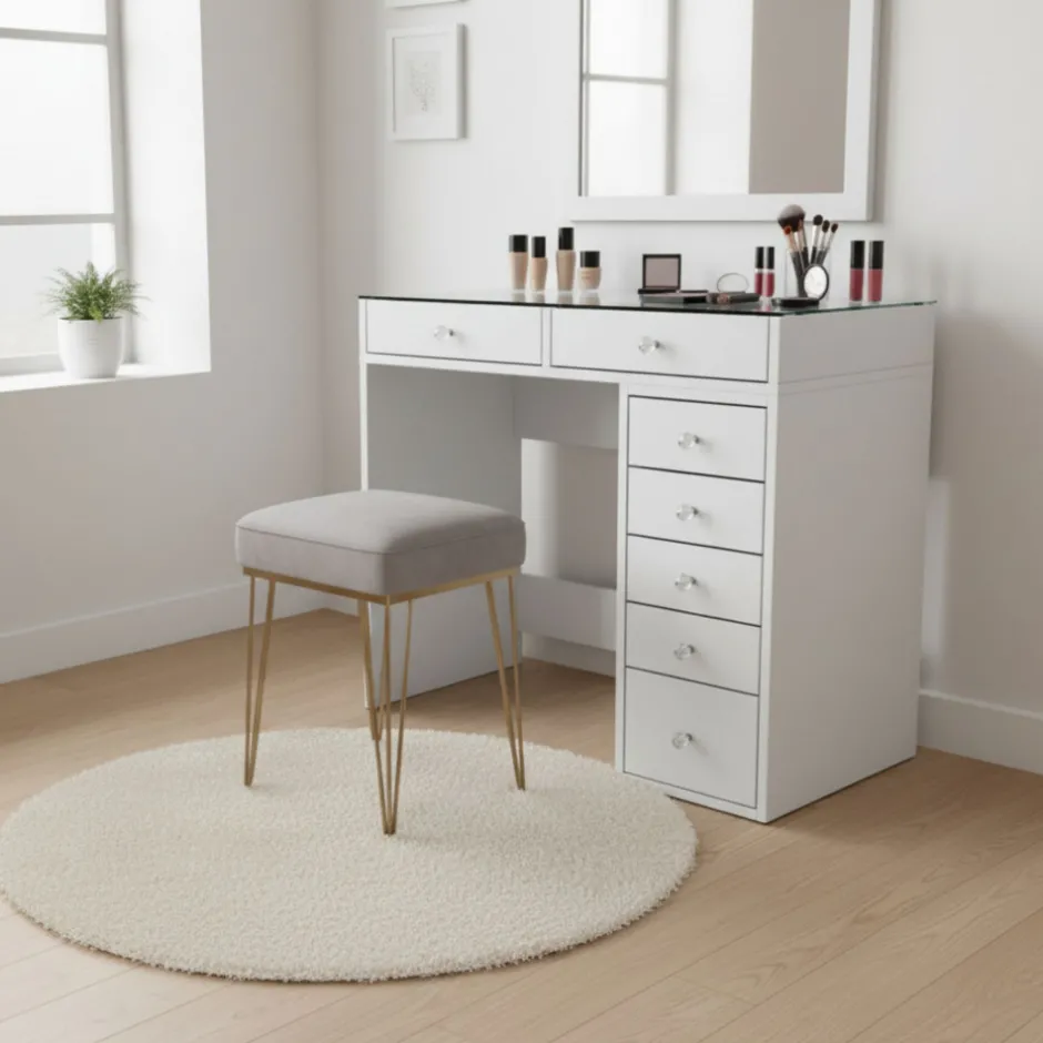 Best Drawer TIYA Coiffeuse 7 tiroirs avec plateau en verre L90cm